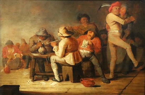 Attributed to Jan Jansz Buesem (Dutch, 1600-c.1649) Revellers in a tavern 11 x 16.5in.